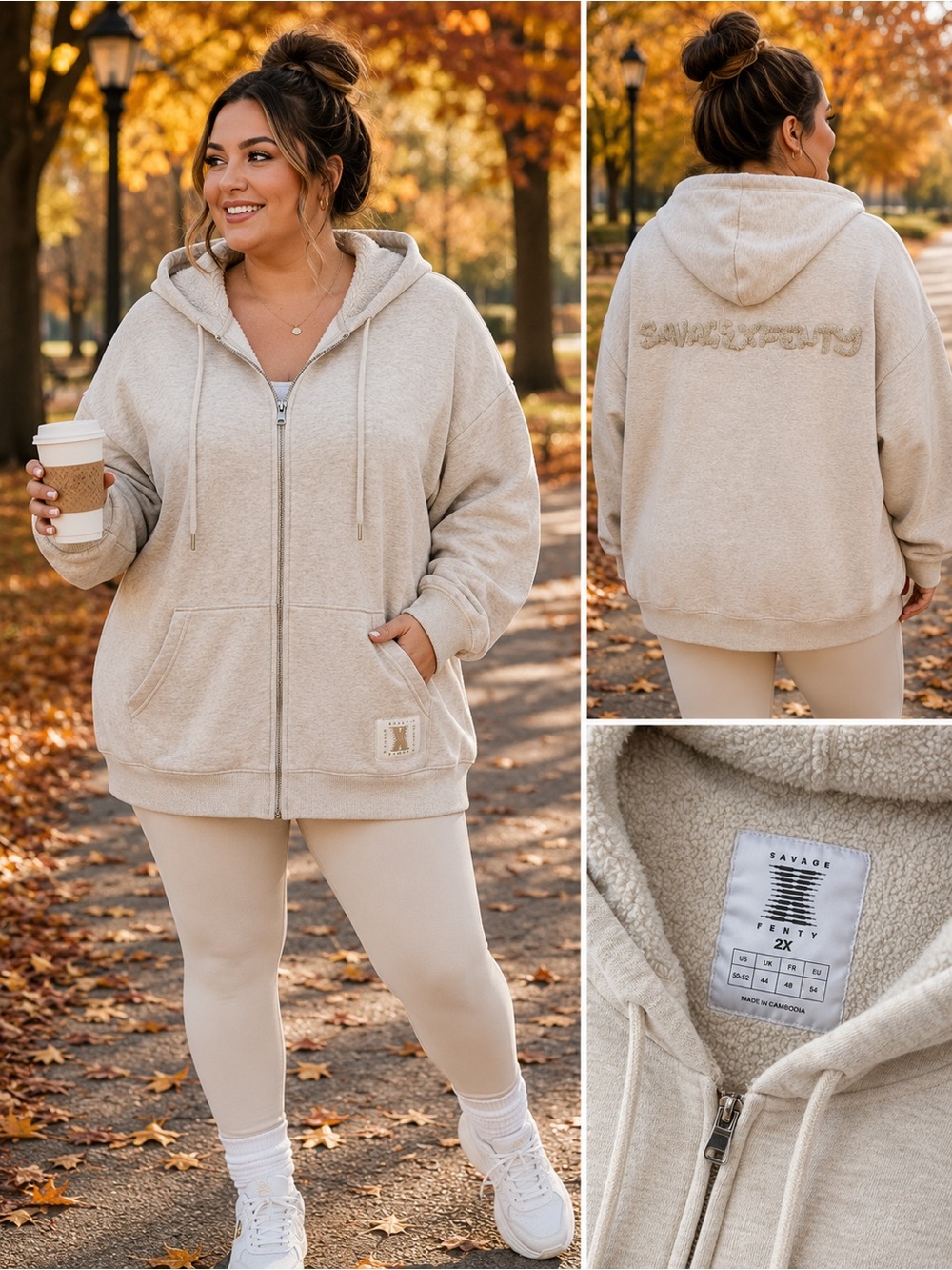 Savage X Fenty Sherpa Lined Zip Hoodie Oatmeal Beige Full Zip Sweatshirt 2X